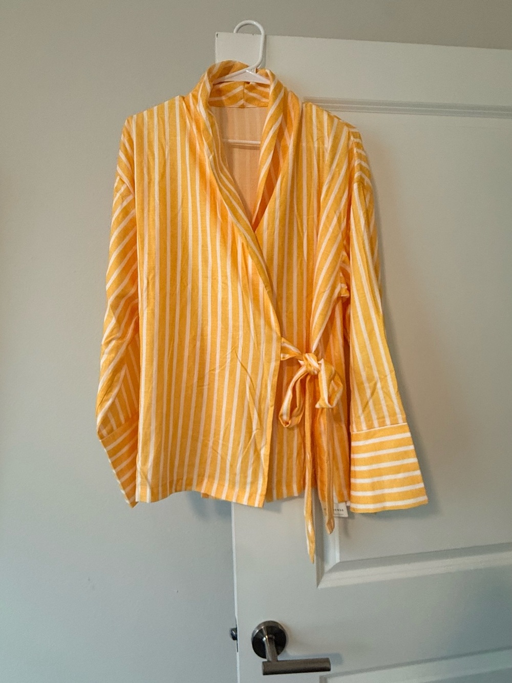 Commense Yellow & White Striped Wrap Blouse
